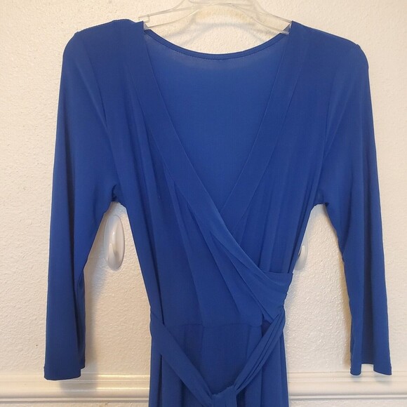 Janette Fashion Fake Wrap Blue Faux Wrap Jersey Knit Maxi Dress 3/4 Sleeve Med - Picture 2 of 16